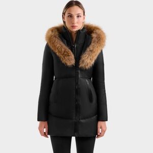 RUDSAK Martina Black Puffer Coat with Brown Fur Trim